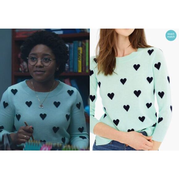 J.Crew Cashmere Heart Print Mint Green Navy Sweater XS Crewneck Soft Cozy - Picture 3 of 12